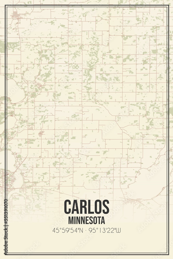 Retro US city map of Carlos, Minnesota. Vintage street map.