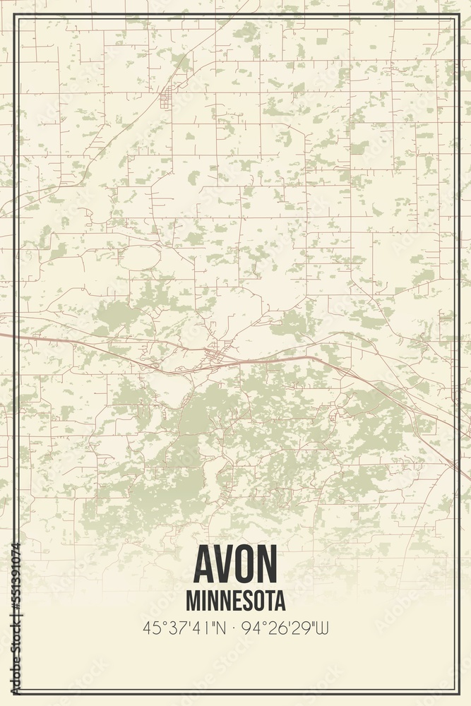 Retro US city map of Avon, Minnesota. Vintage street map.