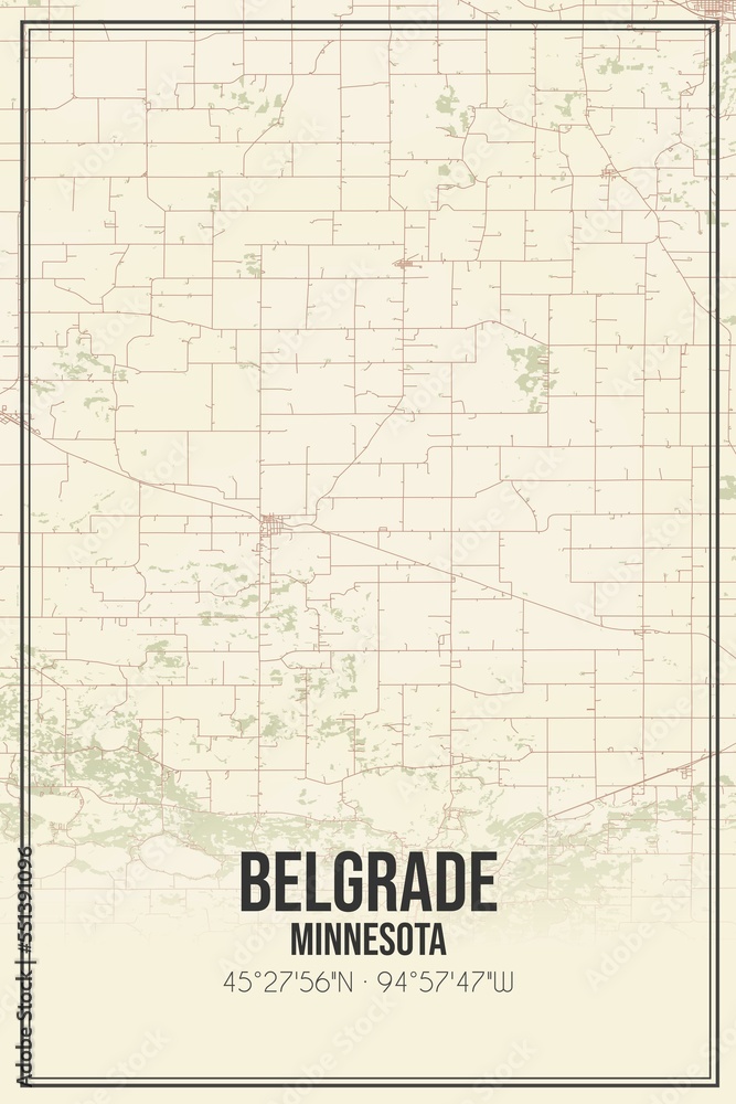 Retro US city map of Belgrade, Minnesota. Vintage street map.