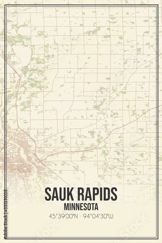 Fototapeta Naklejka Na Ścianę i Meble -  Retro US city map of Sauk Rapids, Minnesota. Vintage street map.