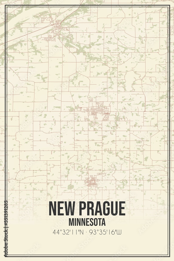 Retro US city map of New Prague, Minnesota. Vintage street map.