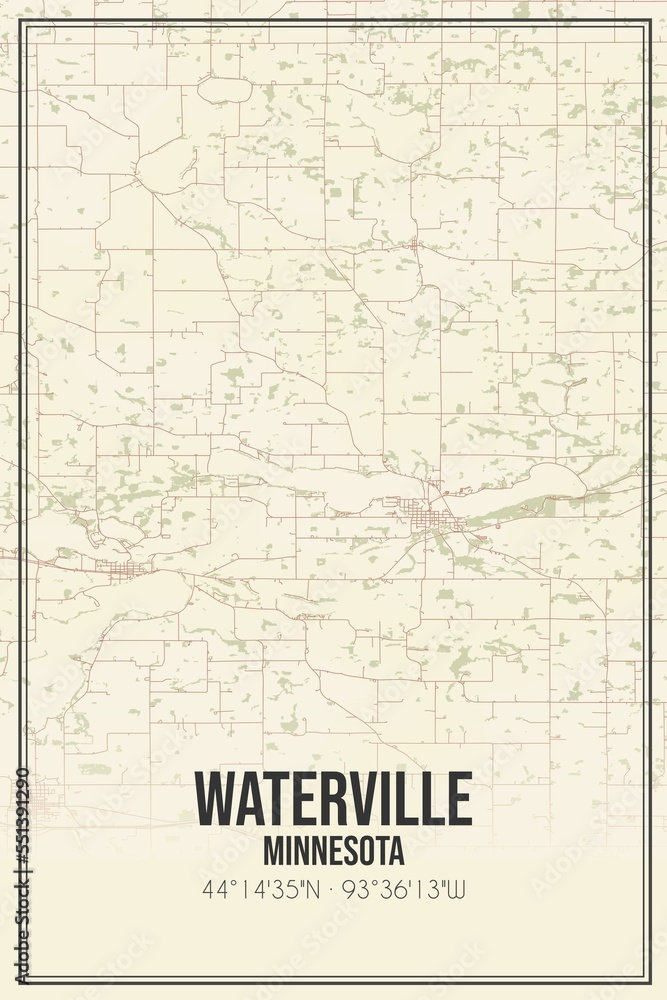 Retro US city map of Waterville, Minnesota. Vintage street map.