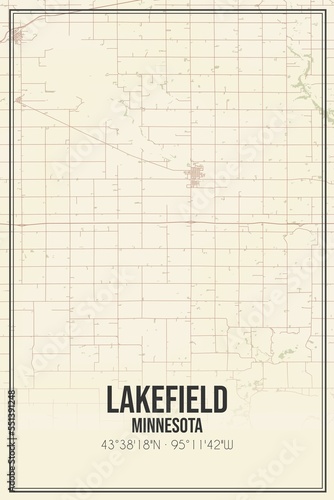 Retro US city map of Lakefield, Minnesota. Vintage street map. photo