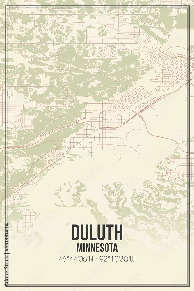 Retro US city map of Duluth, Minnesota. Vintage street map.
