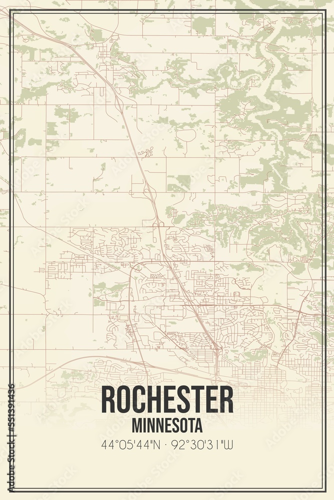 Retro US city map of Rochester, Minnesota. Vintage street map.