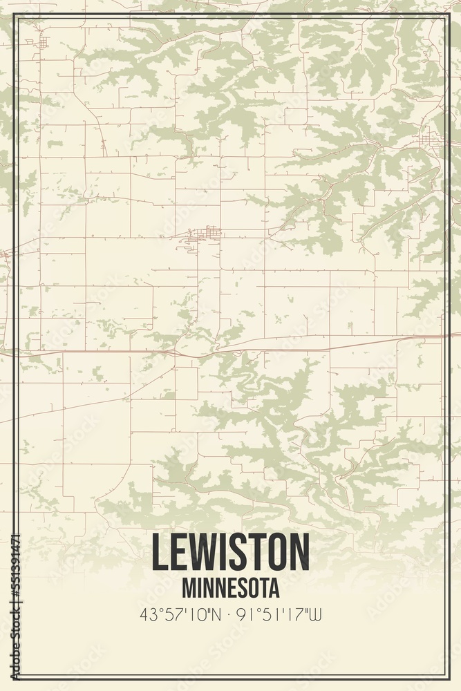 Retro US city map of Lewiston, Minnesota. Vintage street map.