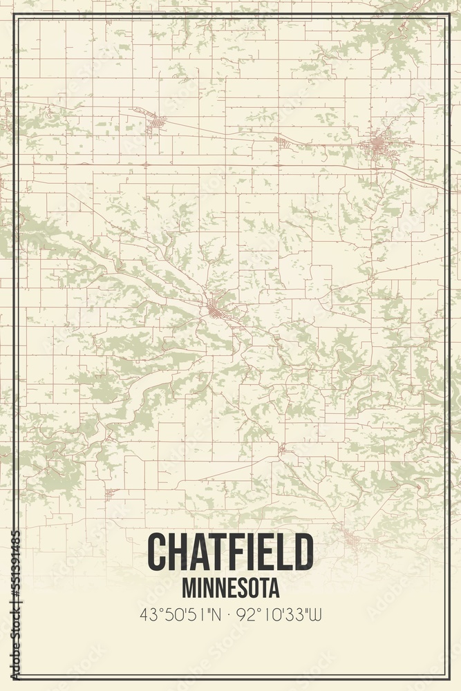 Retro US city map of Chatfield, Minnesota. Vintage street map.