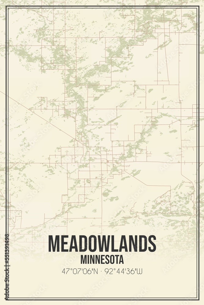 Retro US city map of Meadowlands, Minnesota. Vintage street map.