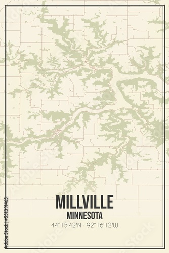 Retro US city map of Millville, Minnesota. Vintage street map.