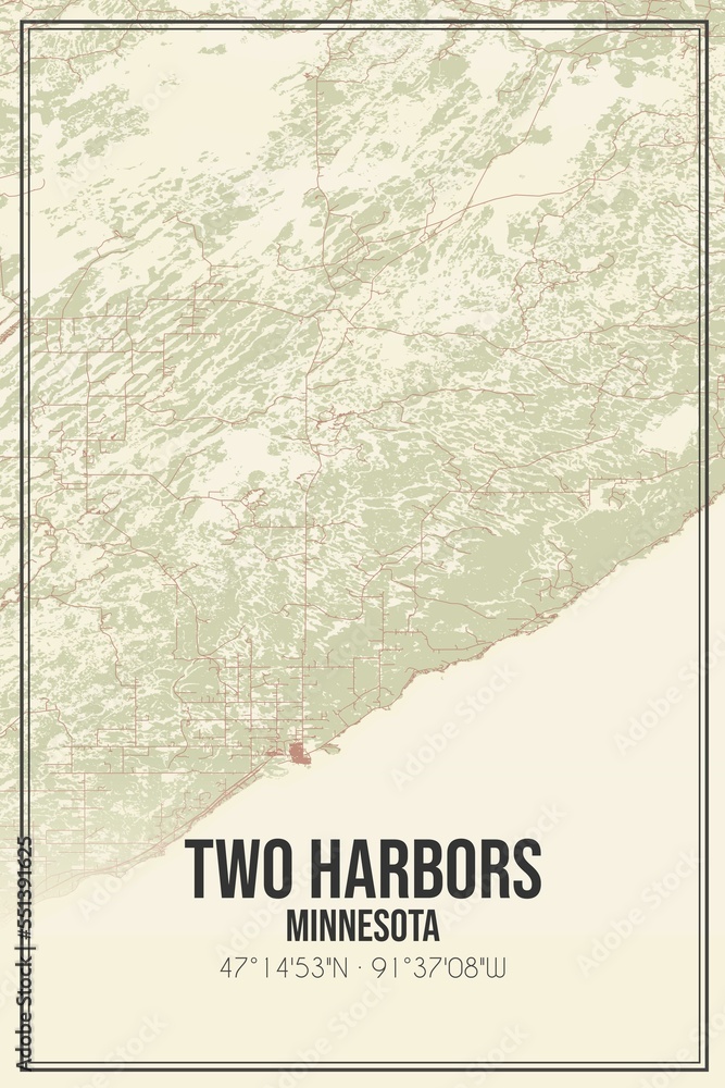 Retro US city map of Two Harbors, Minnesota. Vintage street map.
