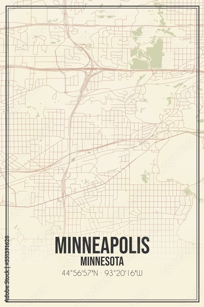 Retro US city map of Minneapolis, Minnesota. Vintage street map.