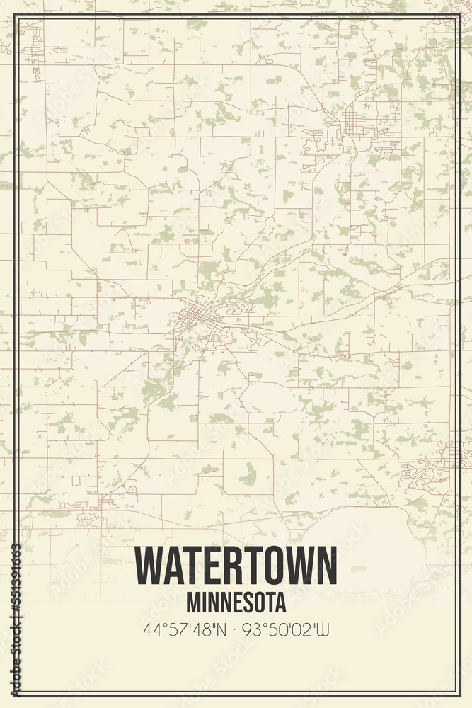 Retro US city map of Watertown, Minnesota. Vintage street map.