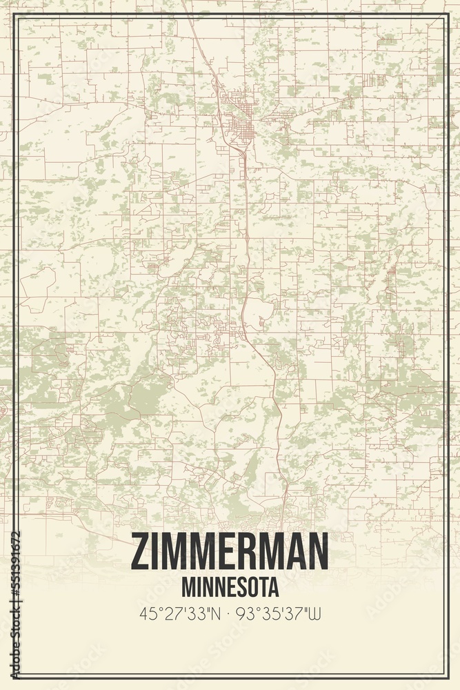 Retro US city map of Zimmerman, Minnesota. Vintage street map.