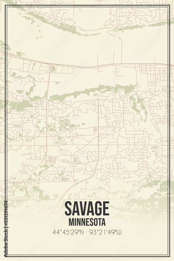 Retro US city map of Savage, Minnesota. Vintage street map.