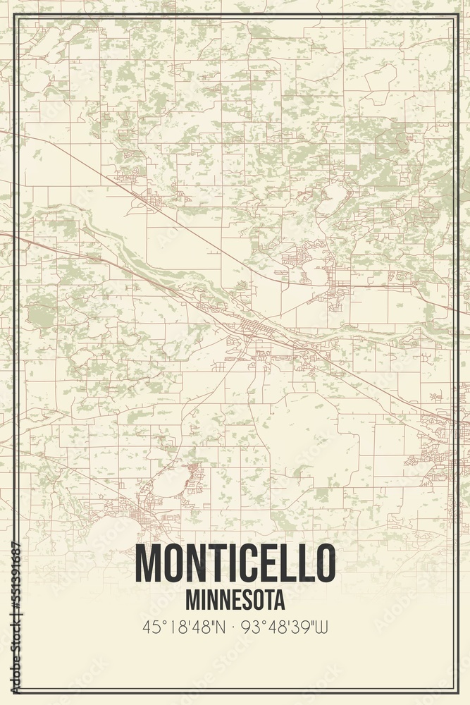 Retro US city map of Monticello, Minnesota. Vintage street map.