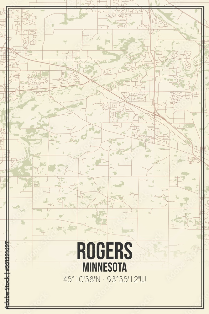 Retro US city map of Rogers, Minnesota. Vintage street map.