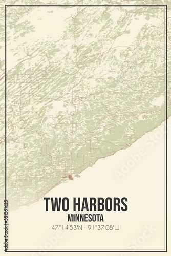 Obraz na płótnie Retro US city map of Two Harbors, Minnesota. Vintage street map. w salonie