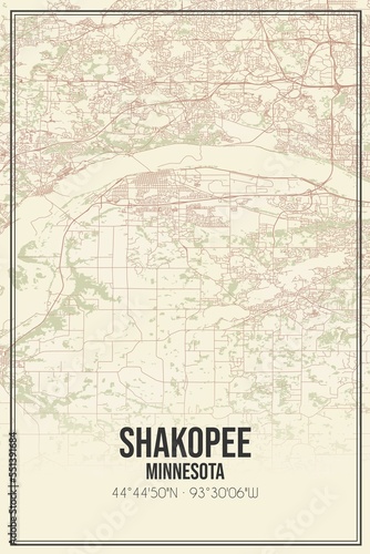 Retro US city map of Shakopee, Minnesota. Vintage street map.