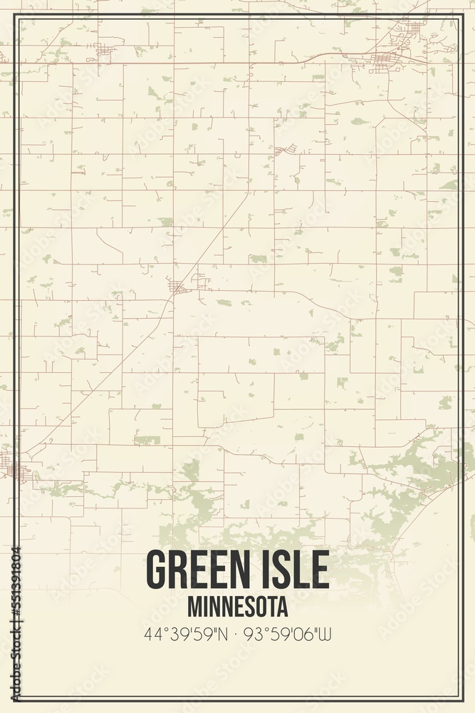 Retro US city map of Green Isle, Minnesota. Vintage street map.