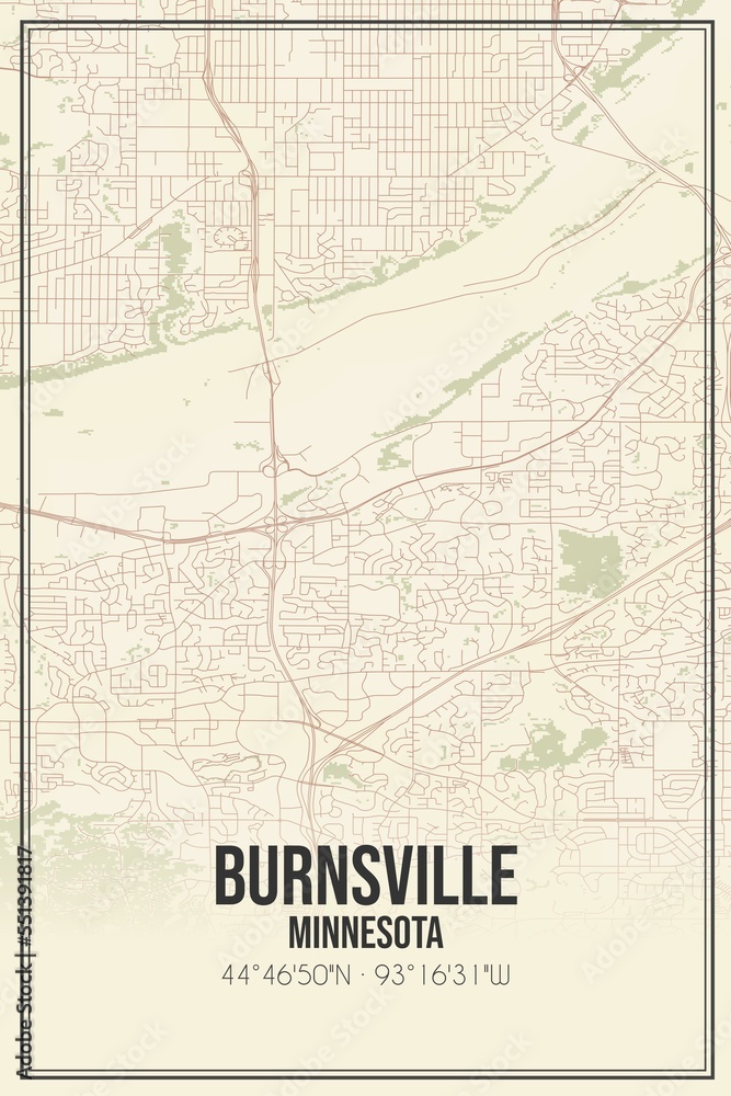 Retro US city map of Burnsville, Minnesota. Vintage street map.