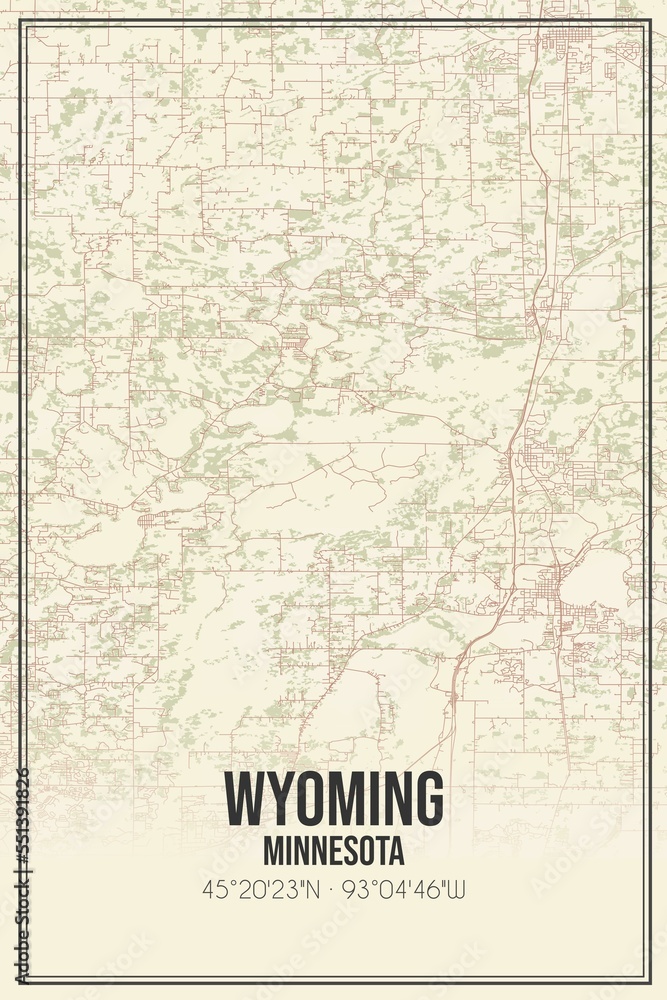 Retro US city map of Wyoming, Minnesota. Vintage street map.