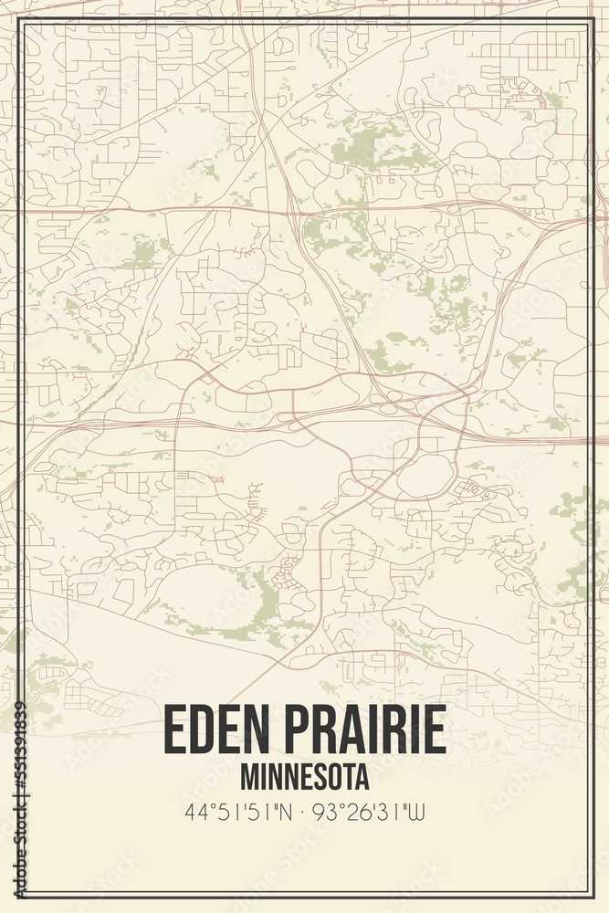 Retro US city map of Eden Prairie, Minnesota. Vintage street map.