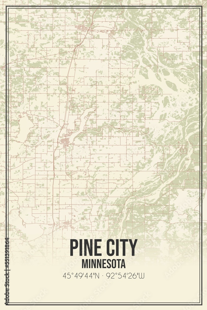 Retro US city map of Pine City, Minnesota. Vintage street map.