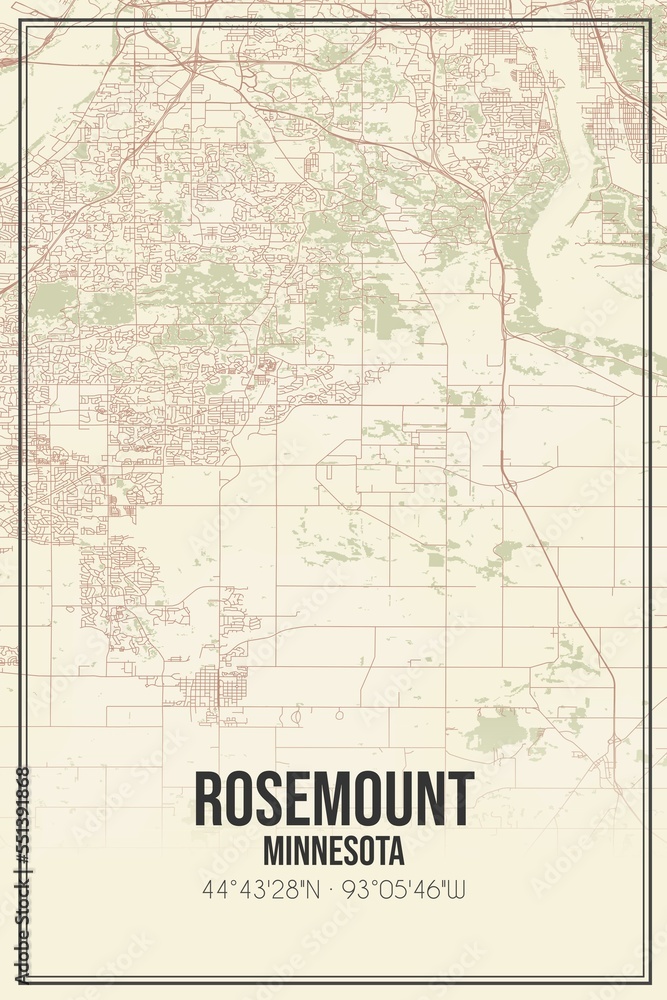 Retro US city map of Rosemount, Minnesota. Vintage street map.