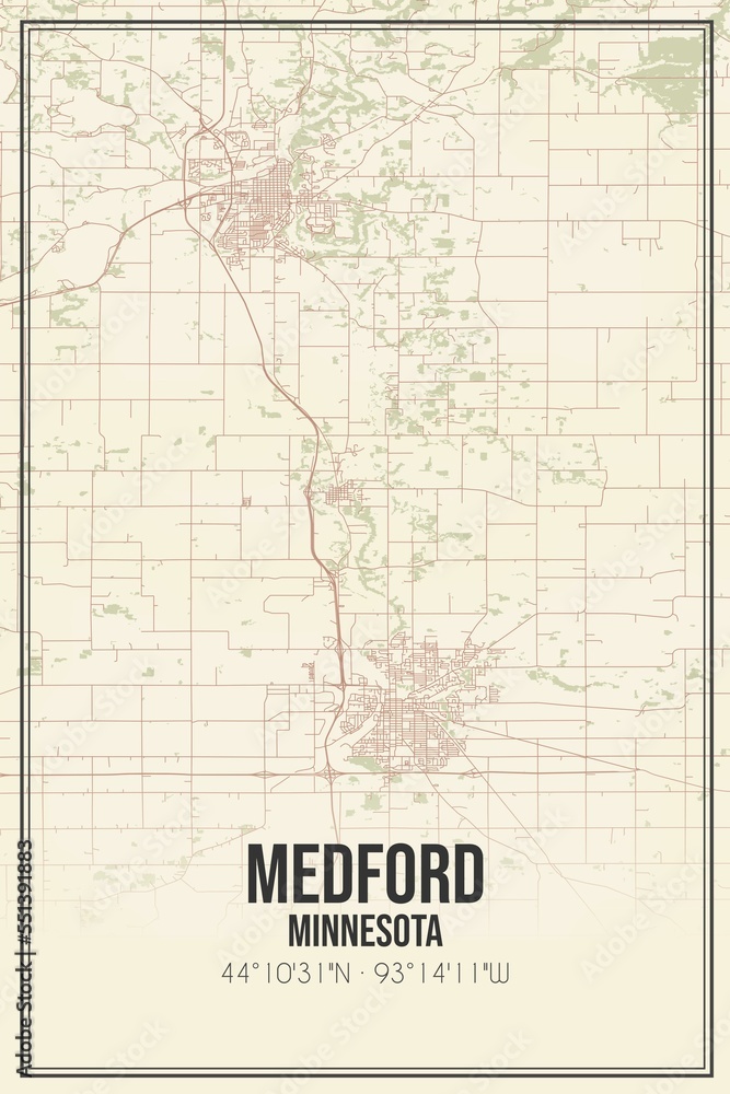 Retro US city map of Medford, Minnesota. Vintage street map.