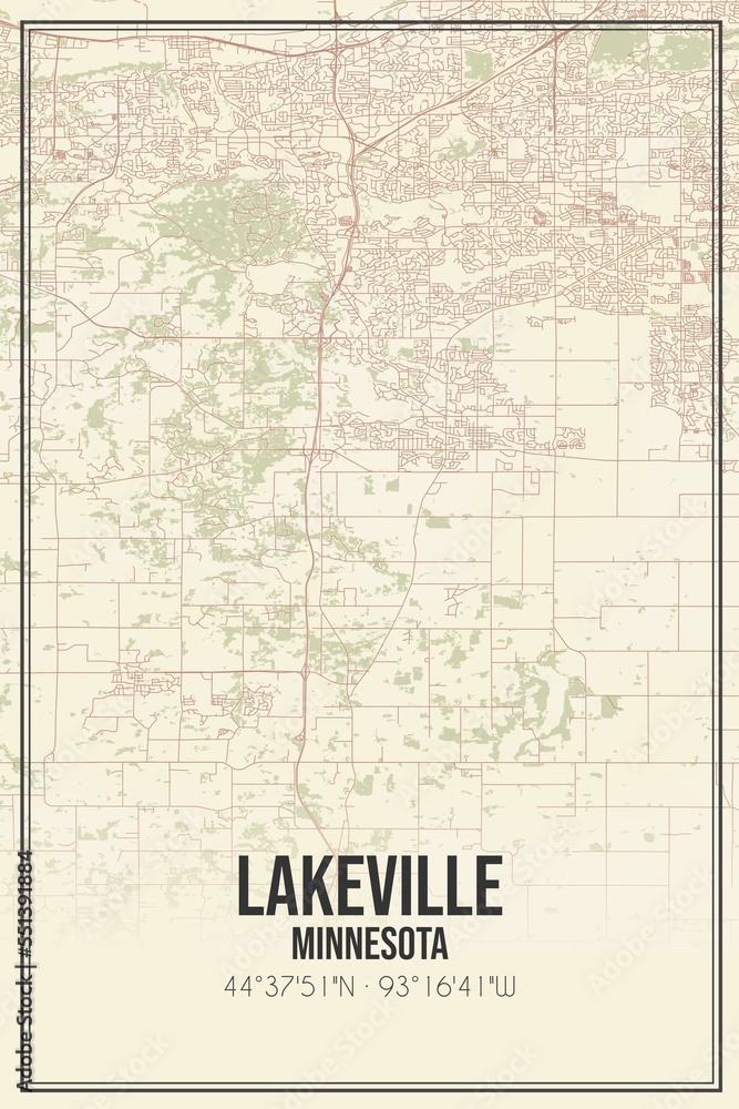 Retro US city map of Lakeville, Minnesota. Vintage street map.