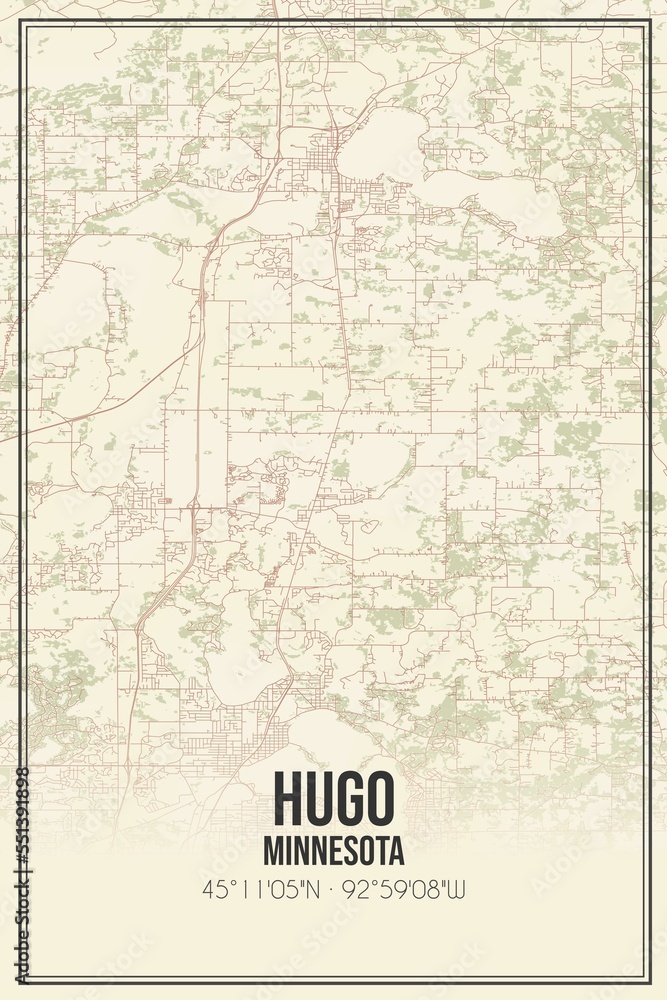 Retro US city map of Hugo, Minnesota. Vintage street map.