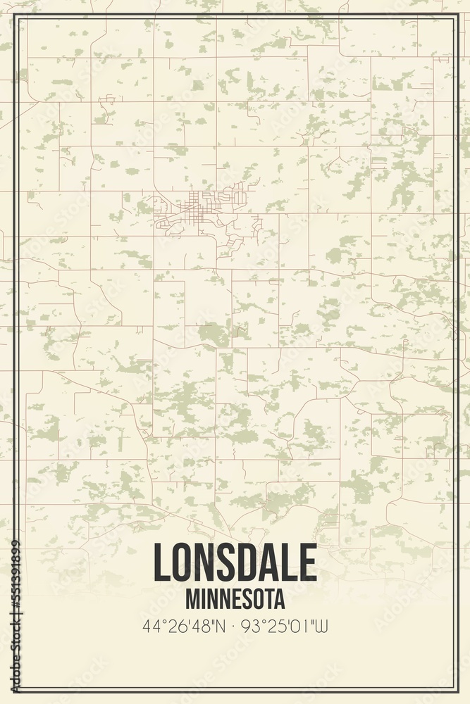Fototapeta premium Retro US city map of Lonsdale, Minnesota. Vintage street map.