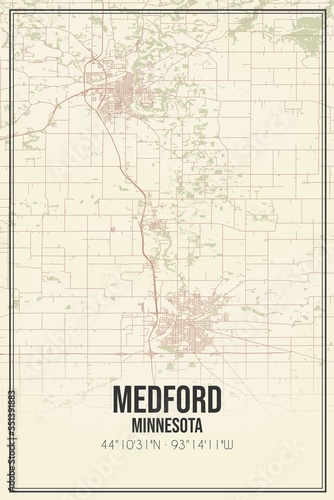 Retro US city map of Medford  Minnesota. Vintage street map.