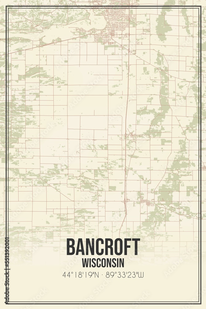 Retro US city map of Bancroft, Wisconsin. Vintage street map.