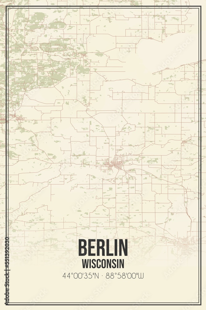Retro US city map of Berlin, Wisconsin. Vintage street map.