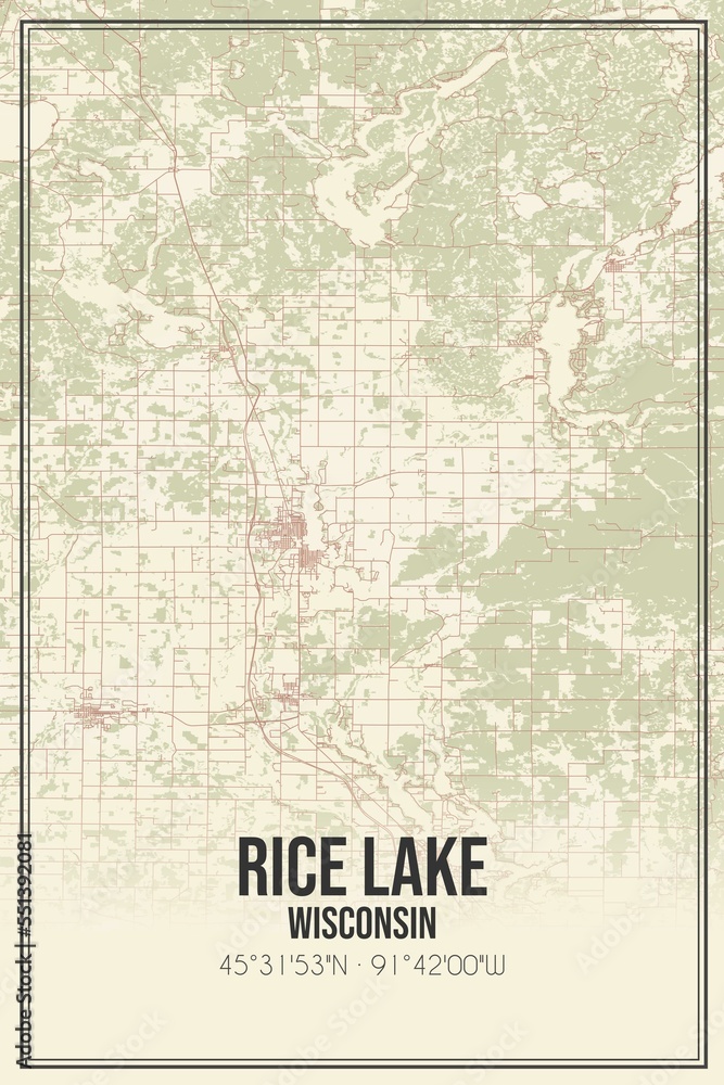 Retro US city map of Rice Lake, Wisconsin. Vintage street map.