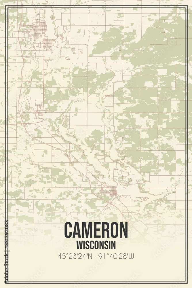 Retro US city map of Cameron, Wisconsin. Vintage street map.