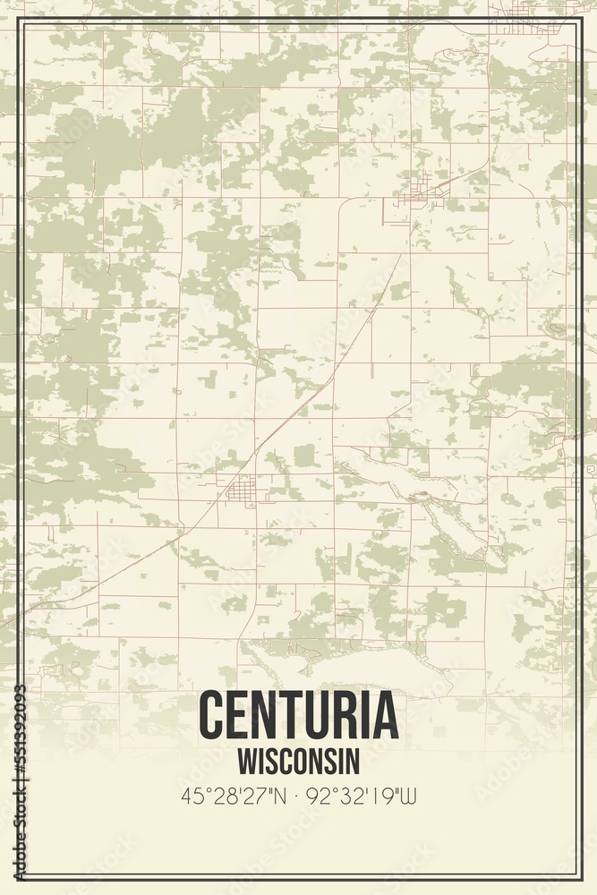 Retro US city map of Centuria, Wisconsin. Vintage street map.