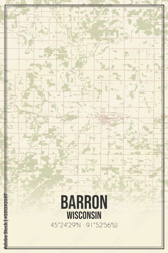 Retro US city map of Barron, Wisconsin. Vintage street map.