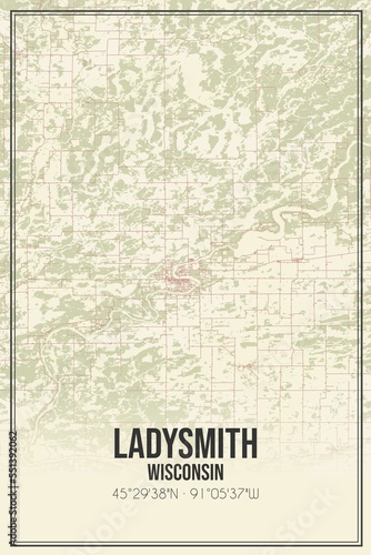 Retro US city map of Ladysmith, Wisconsin. Vintage street map. photo