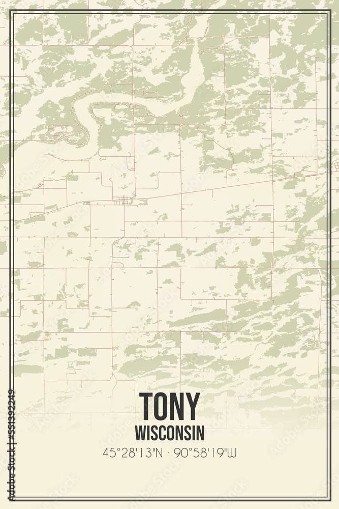 Retro US city map of Tony, Wisconsin. Vintage street map.
