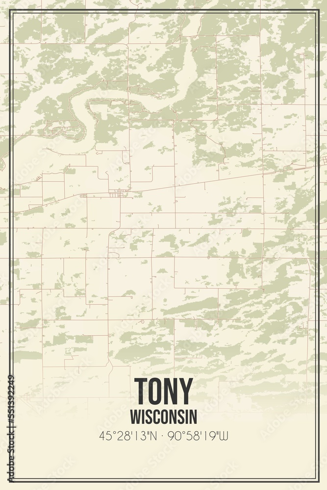 Fototapeta premium Retro US city map of Tony, Wisconsin. Vintage street map.