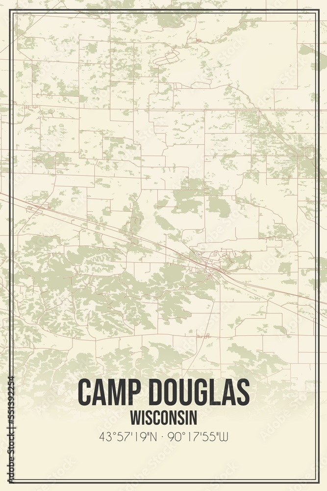 Retro US city map of Camp Douglas, Wisconsin. Vintage street map.