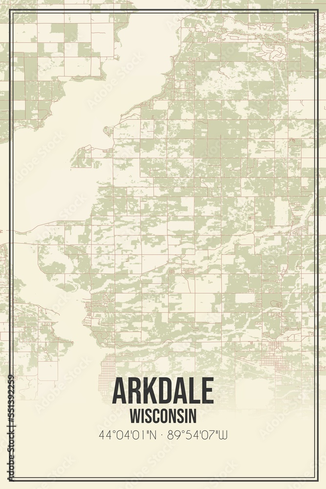 Retro US city map of Arkdale, Wisconsin. Vintage street map.