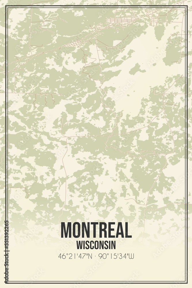 Retro US city map of Montreal, Wisconsin. Vintage street map.