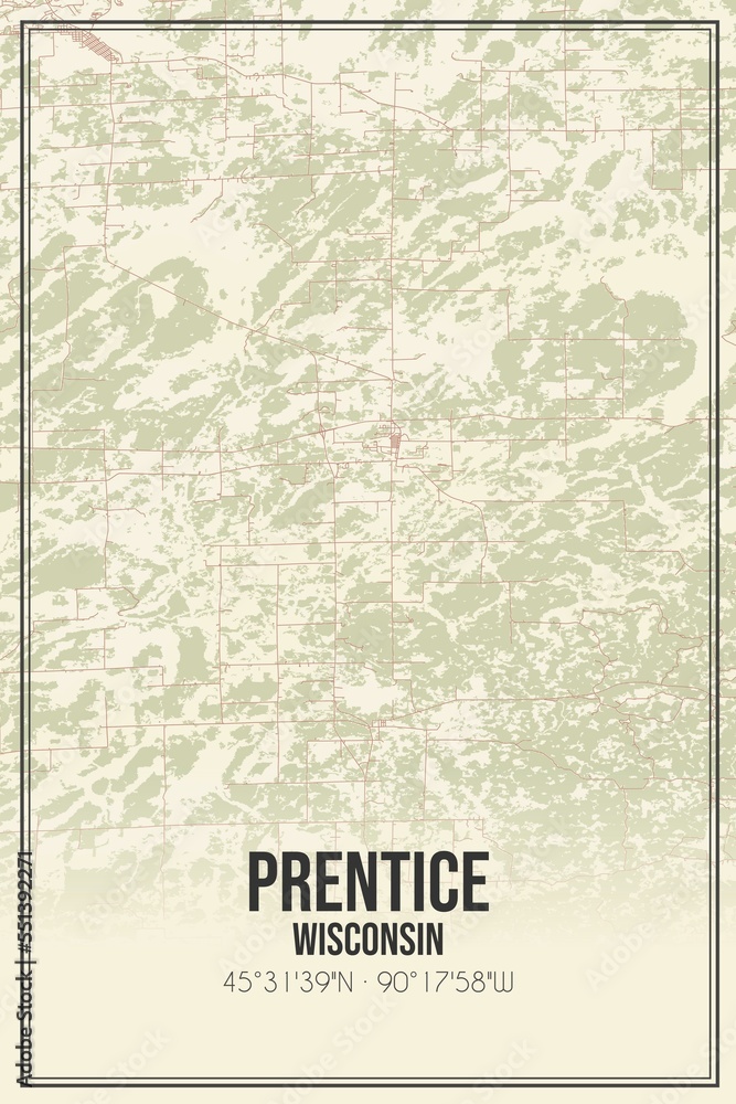Retro US city map of Prentice, Wisconsin. Vintage street map.