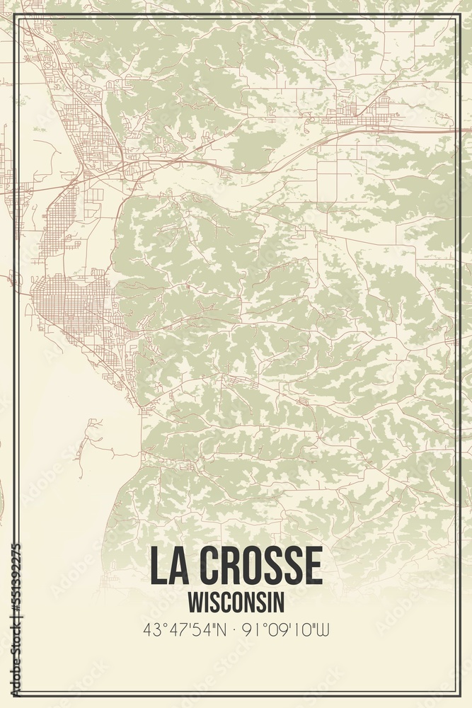 Fototapeta premium Retro US city map of La Crosse, Wisconsin. Vintage street map.