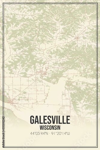 Retro US city map of Galesville  Wisconsin. Vintage street map.