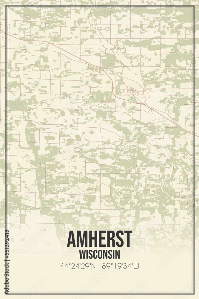 Retro US city map of Amherst, Wisconsin. Vintage street map.