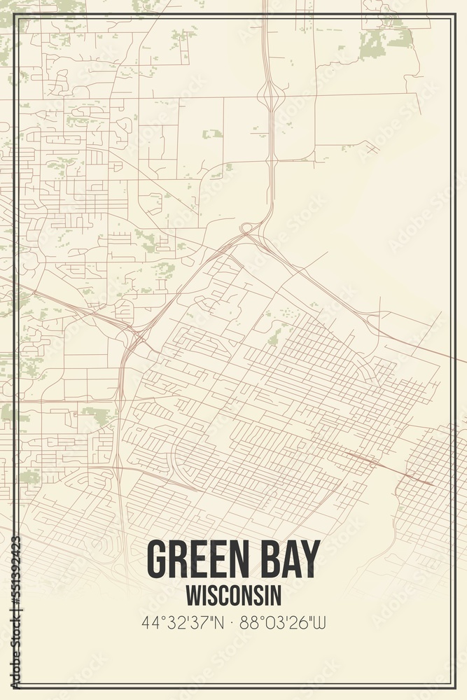 Retro US city map of Green Bay, Wisconsin. Vintage street map.